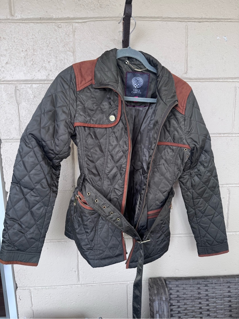 Vince Camuto Quilted Black Jacket with Brown Trim and Belt